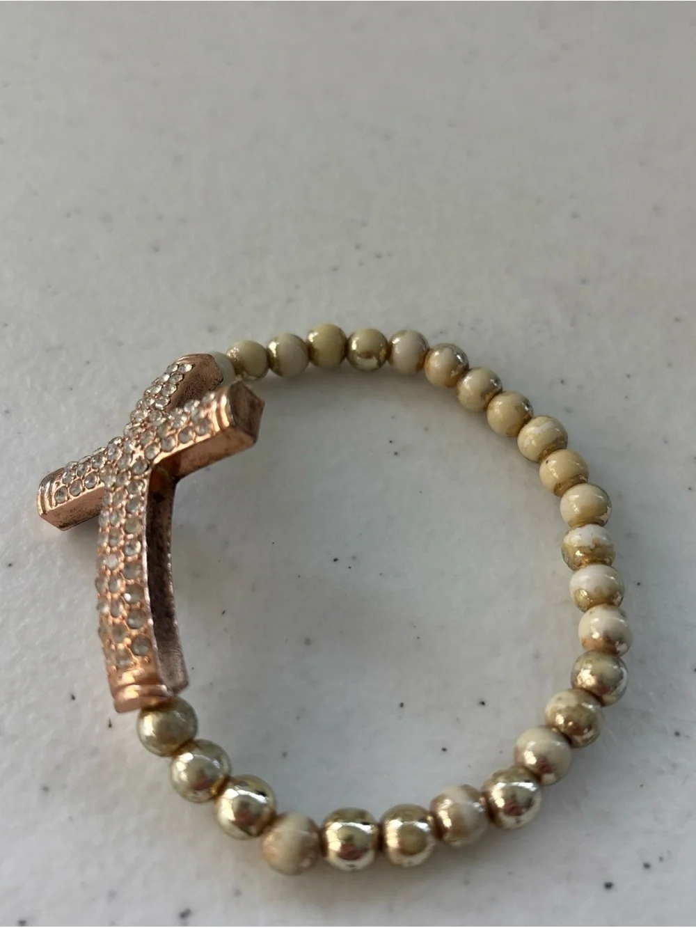 Rose Gold Cross Beaded Stretch Bracelet - Nude & Gold Accent